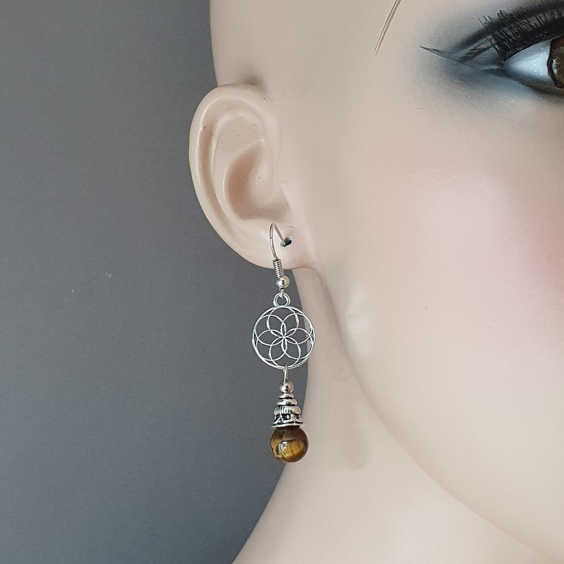 Ohrhänger mit Blumes des Lebens, Tigerauge, antik silberfarbig