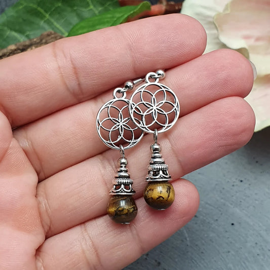 Ohrhänger mit Blumes des Lebens, Tigerauge, antik silberfarbig