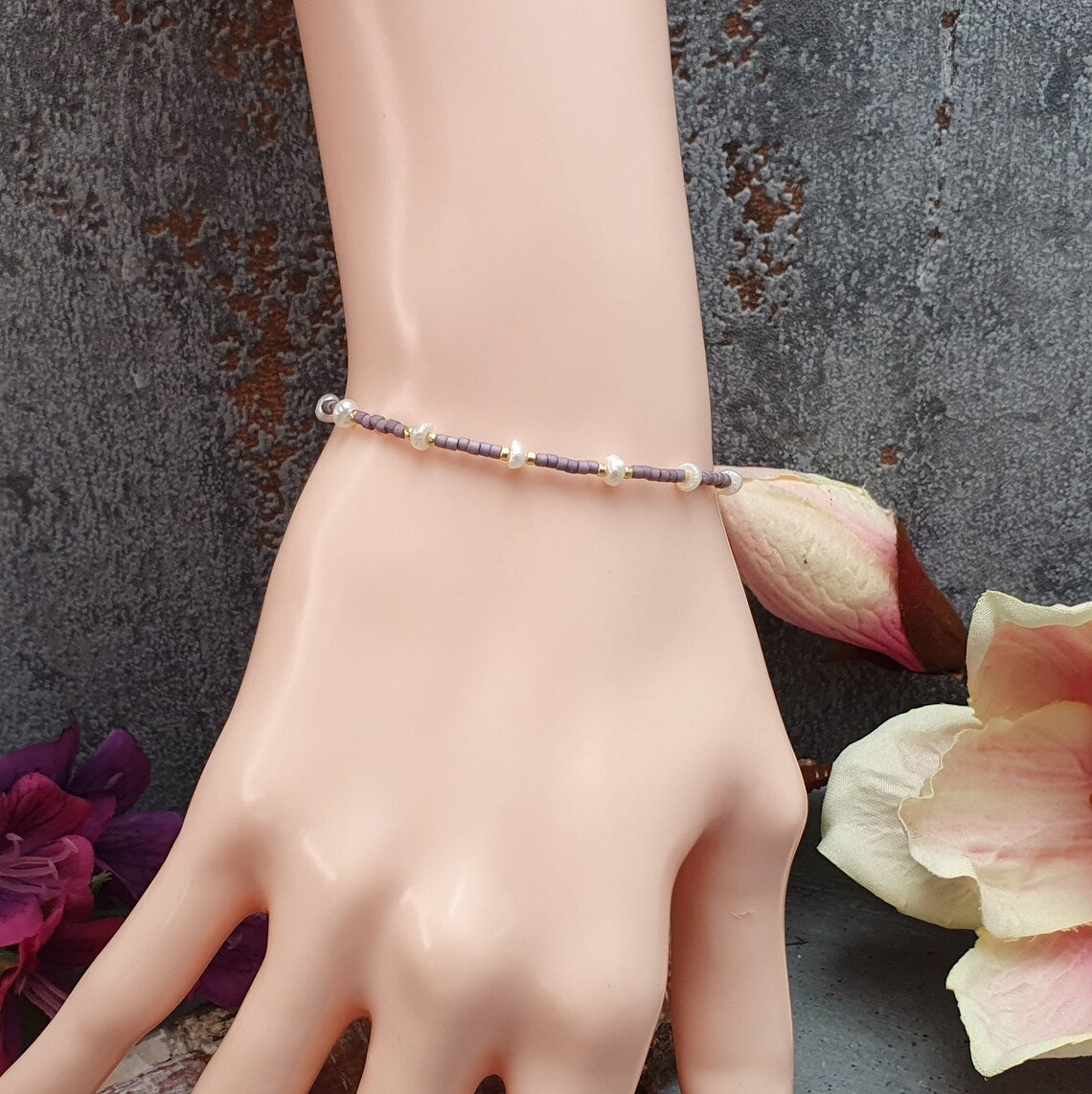 Armband, Lavendel, Süßwasserperlen, Delicas, Größenverstellbar