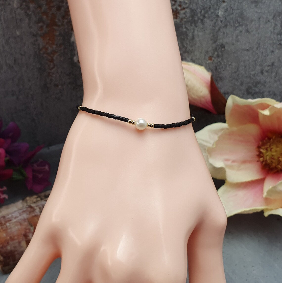 Armband, Schwarz, Süßwasserperlen, Delicas, Größenverstellbar