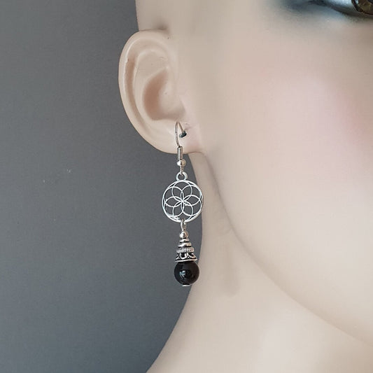 Ohrhänger, Blume des Lebens, Onyx, antik silberfarbig