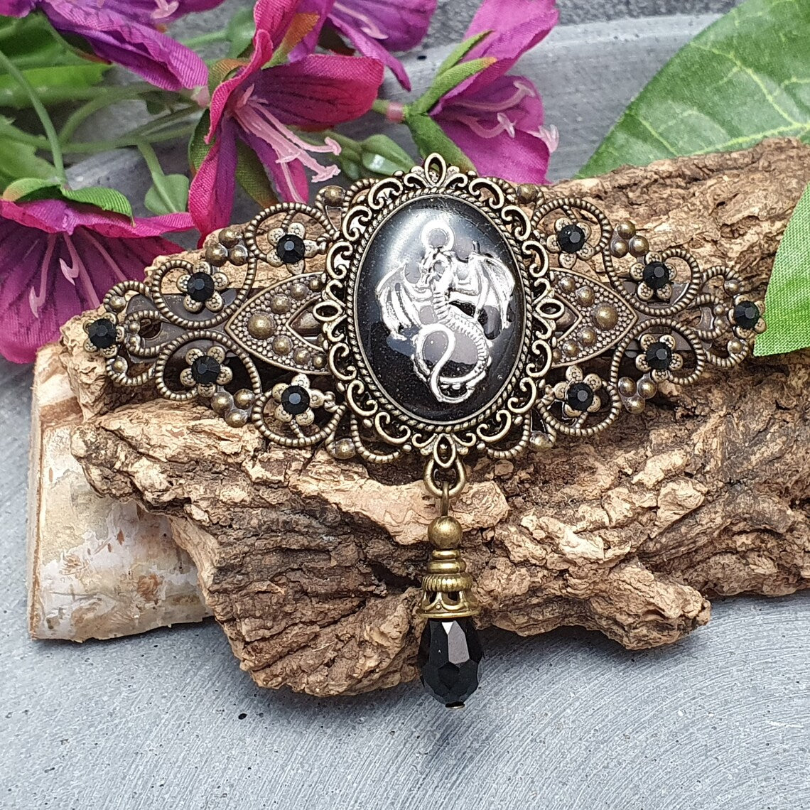Haarspange Nostalgie, Drachen, Straß, Bronzefarbig, Gothic, Haarschmuck