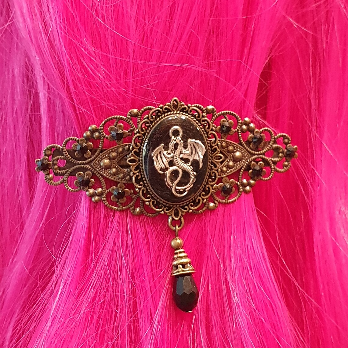 Haarspange Nostalgie, Drachen, Straß, Bronzefarbig, Gothic, Haarschmuck