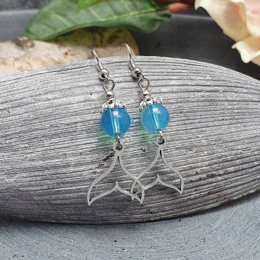 Ohrhänger, Schwanzflosse, Mermaid, Glasperlen Blau, Silberfarbig