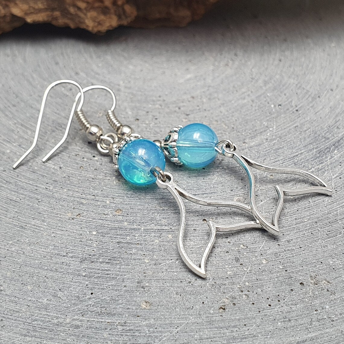 Ohrhänger, Schwanzflosse, Mermaid, Glasperlen Blau, Silberfarbig