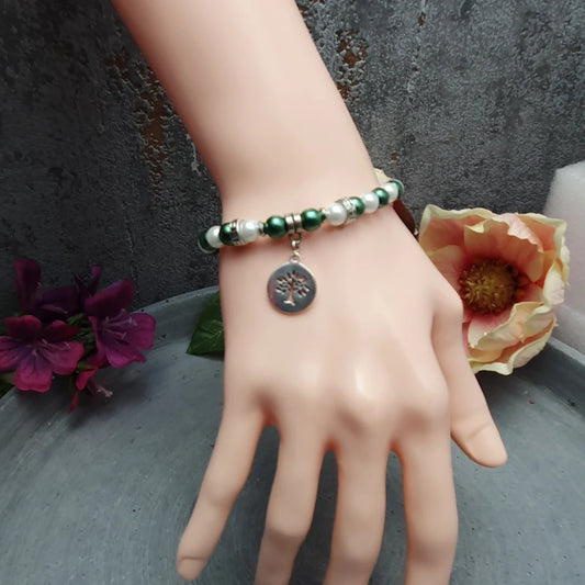 Armband, Grün/Weiß, Baum, Familie, Glasperlen, 17,5cm+