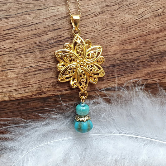 Edelstahlkette mit Anhänger Mandala vergoldet, Howlith