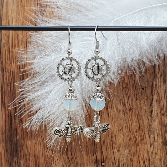 Ohrhänger, Zahnrad, Libelle, mit Opalith, Steampunk