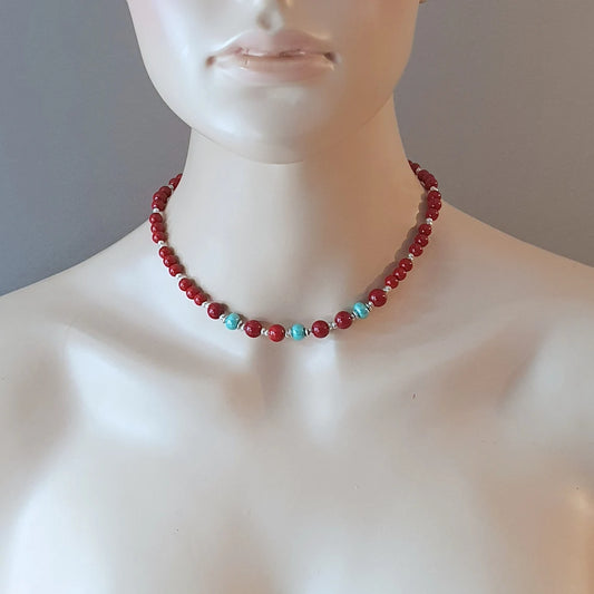 Glasperlenkette, Rot & Türkis, Choker