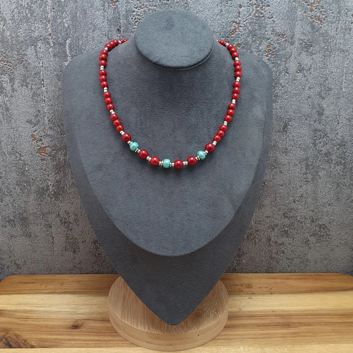 Glasperlenkette, Rot & Türkis, Choker