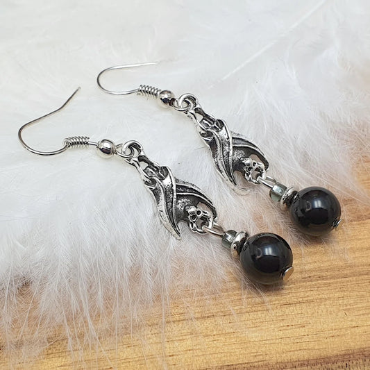 Ohrhänger, Fledermäue mit schwarzen Onyxkugeln, Gothic, Vampire