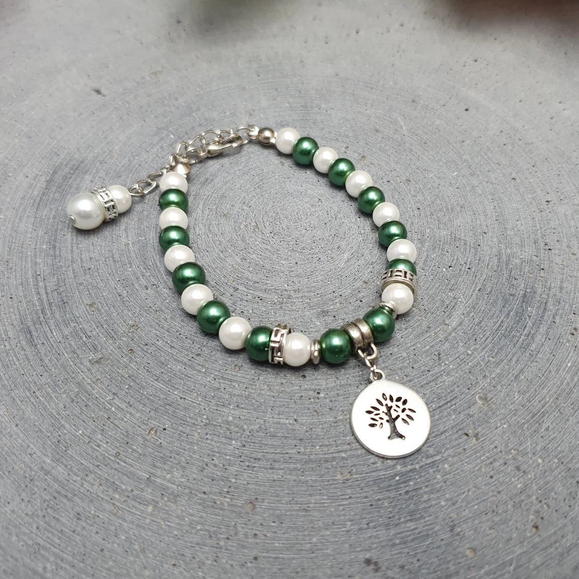 Armband, Grün/Weiß, Baum, Familie, Glasperlen, 17,5cm+