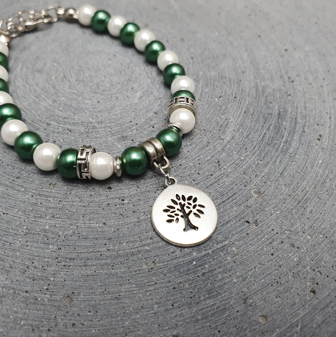 Armband, Grün/Weiß, Baum, Familie, Glasperlen, 17,5cm+