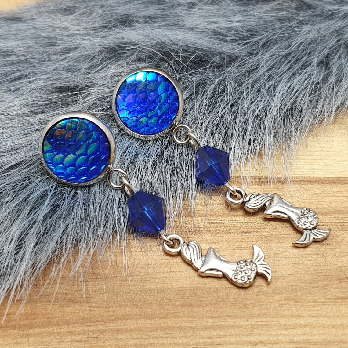 Entzückende Ohrhänger kleine Meerjungfrau, Blau, Silberfarbig, Ohrstecker Edelstahl