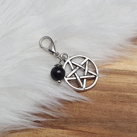 Charms Anhänger, Pentagramm mit Onyxkugel, antik silberfarbig
