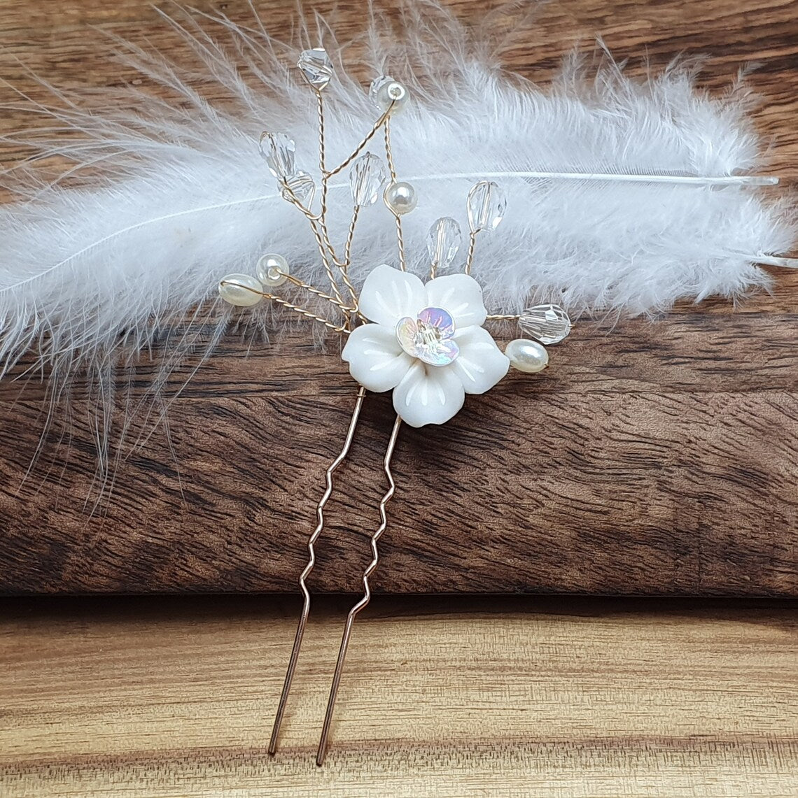 Haarstecker, Blumen, Weiß, Vergoldet, Hochzeit, Haarschmuck