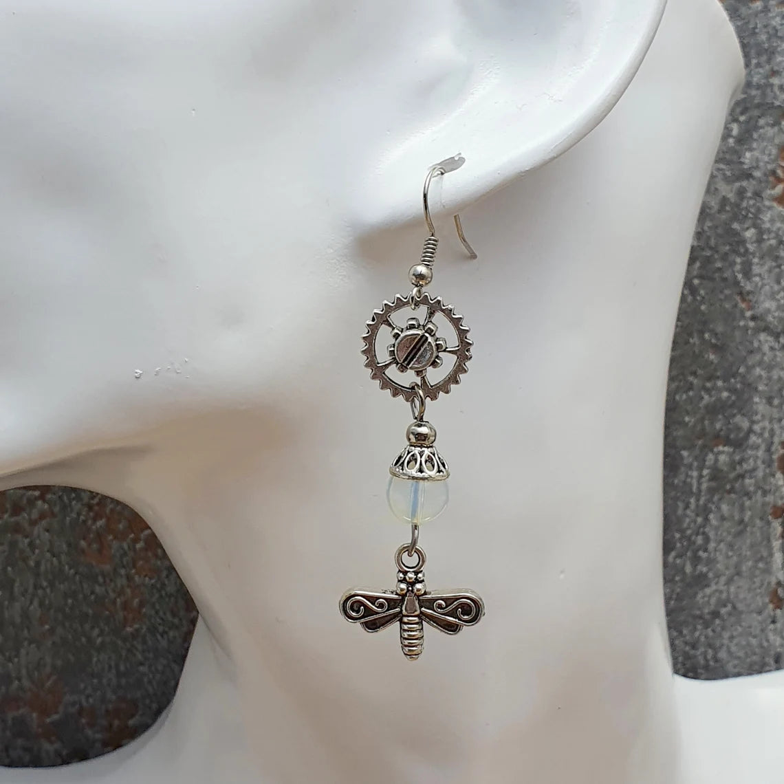 Ohrhänger, Zahnrad, Libelle, mit Opalith, Steampunk