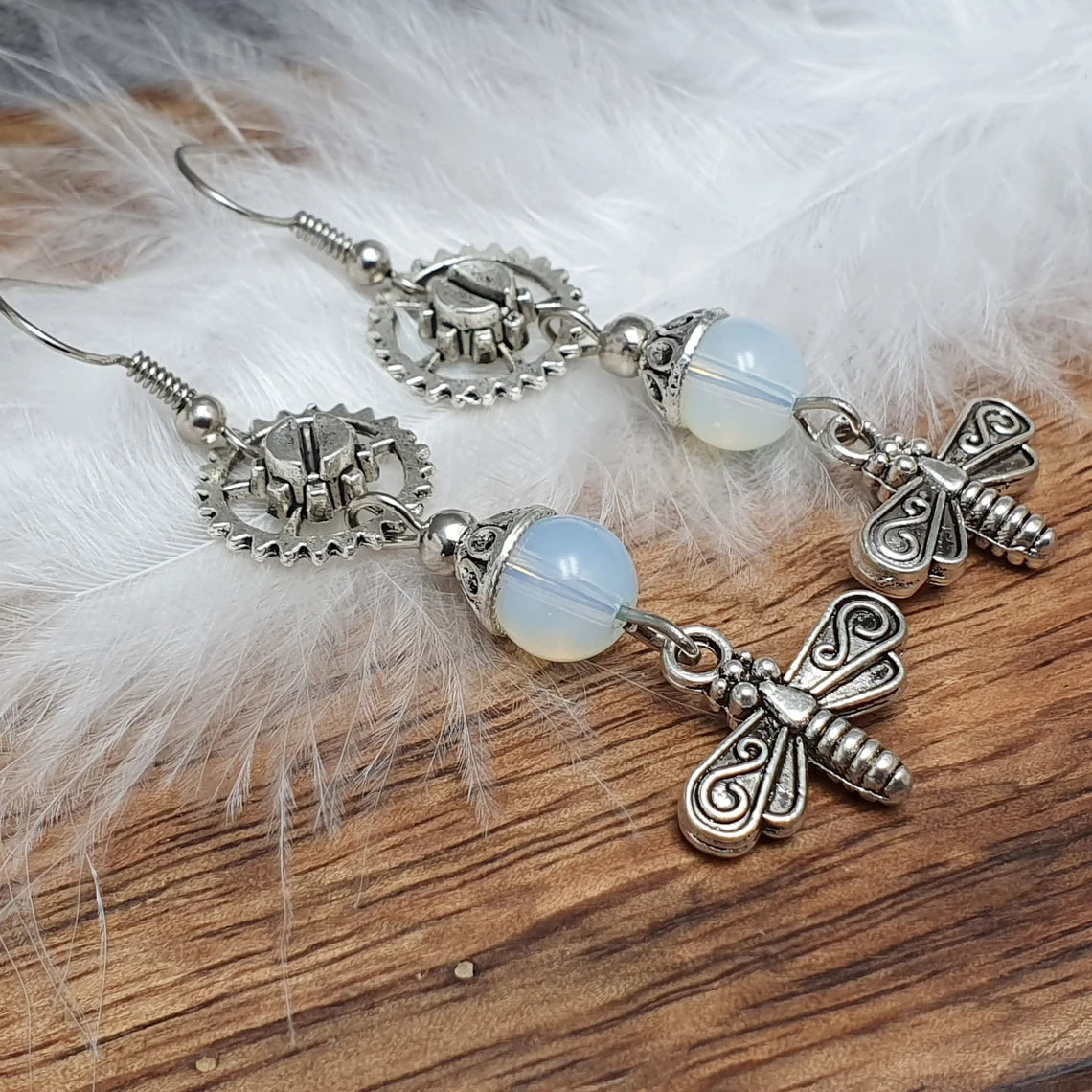 Ohrhänger, Zahnrad, Libelle, mit Opalith, Steampunk