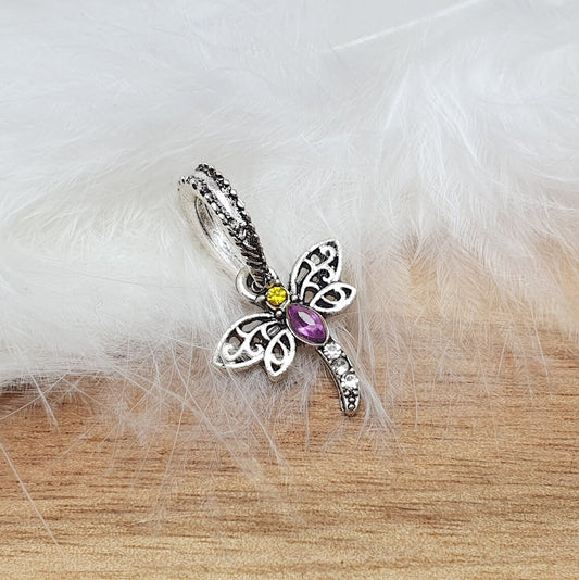 Anhänger, kleine Libelle mit Schmucksteinen, violett und gelb