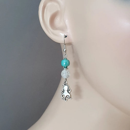 Ohrhänger, Oktopus, türkise Glasperlen