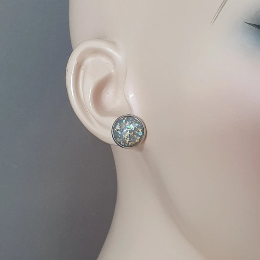 Ohrstecker, Cabochon grau mit golden Flakes, Edelstahl