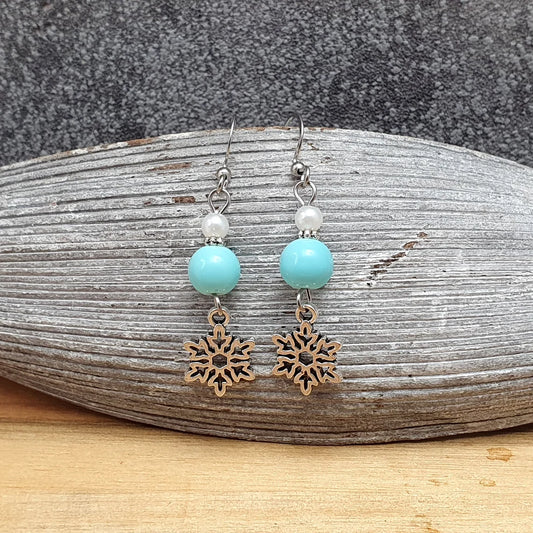 Ohrhänger, Snowy Day, mit Schneeflocke, hellblaue Glasperlen