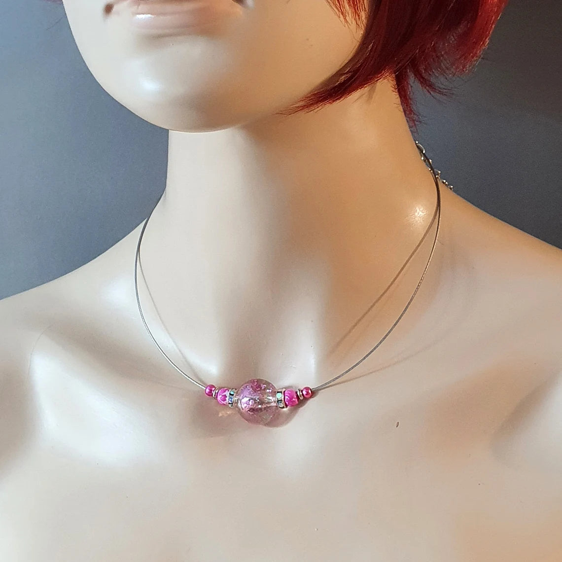 Choker, Halsreif mit großer Perle, Glitzer, Pink, Glasperlen, Strass