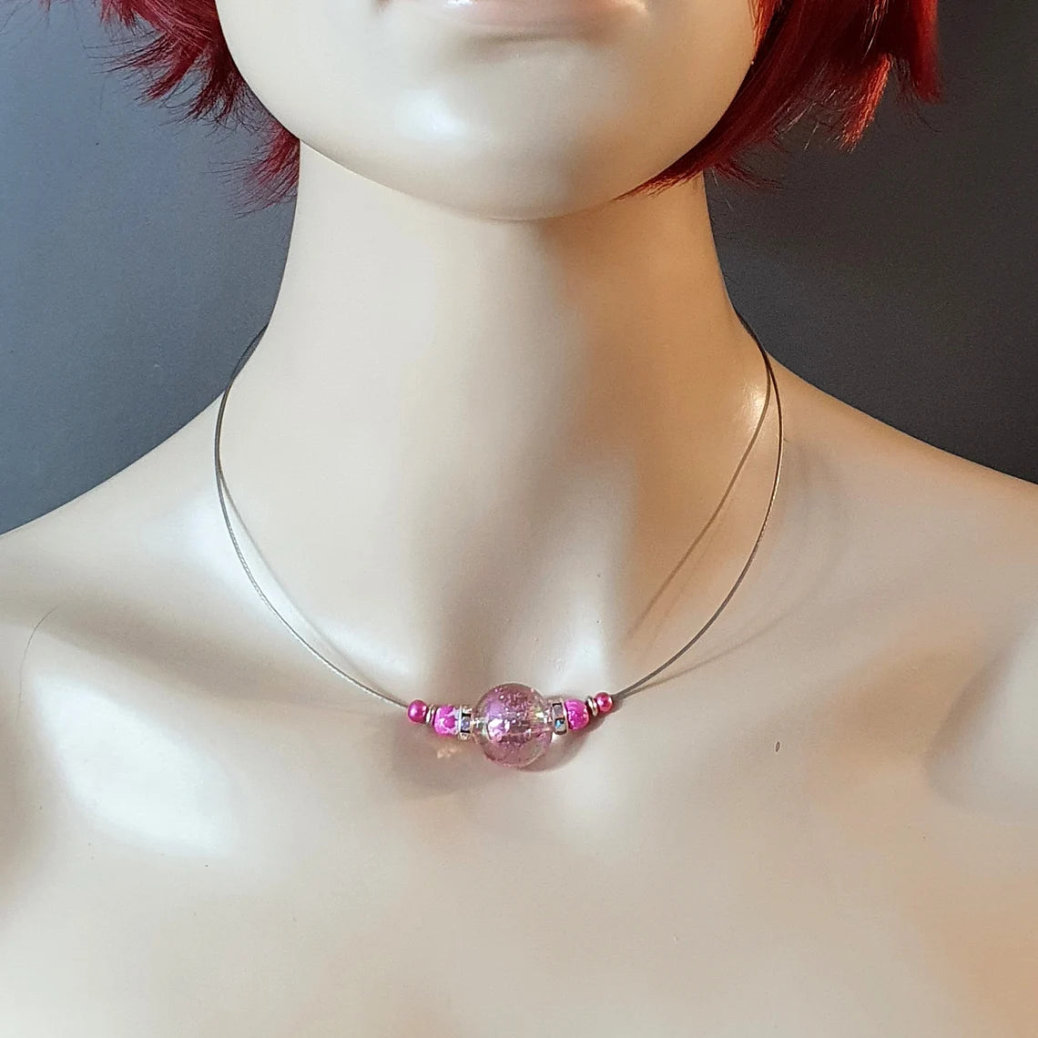 Choker, Halsreif mit großer Perle, Glitzer, Pink, Glasperlen, Strass