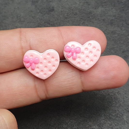 Ohrstecker Waffelherz mit Schleife, Rosa, Resin