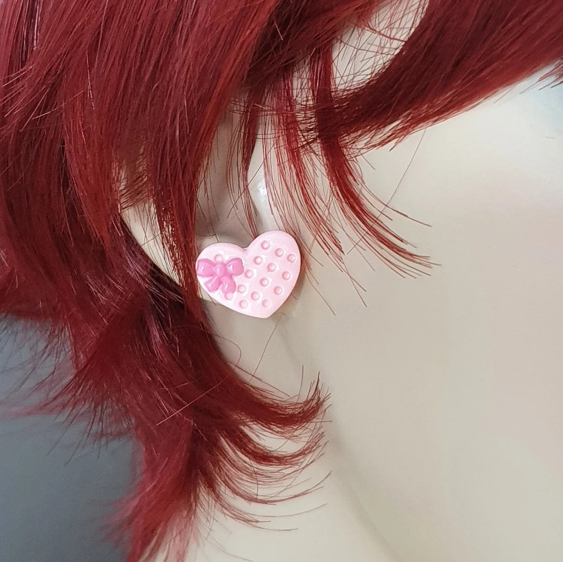 Ohrstecker Waffelherz mit Schleife, Rosa, Resin