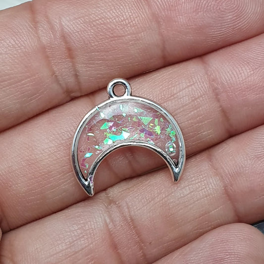 2 Anhänger Mond, Glitzer, 19mm, antik silberfarbig