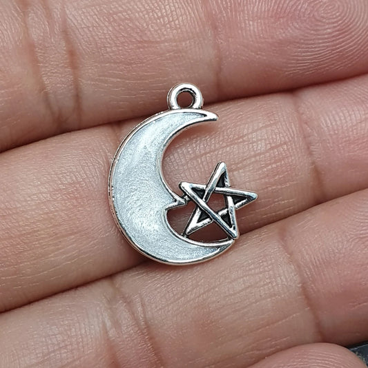 Handgemachter Chrams Anhänger Mond, Handbemalt mit Pentagramm, 20mm, in antik silberfarbig, weiß schimmernd