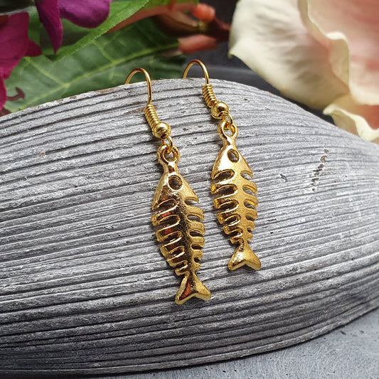 Ohrhänger Fischgräte, Skelett, Fisch, vergoldet