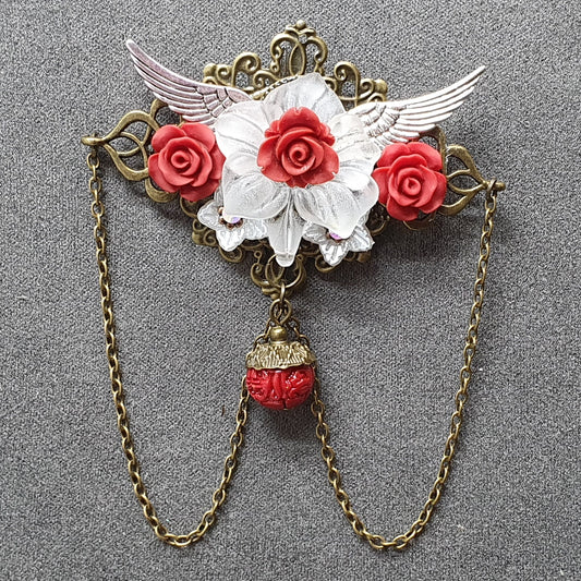 Brosche Burlesque mit Amaryllis & Rosen, Weiß, Rot, Bronze