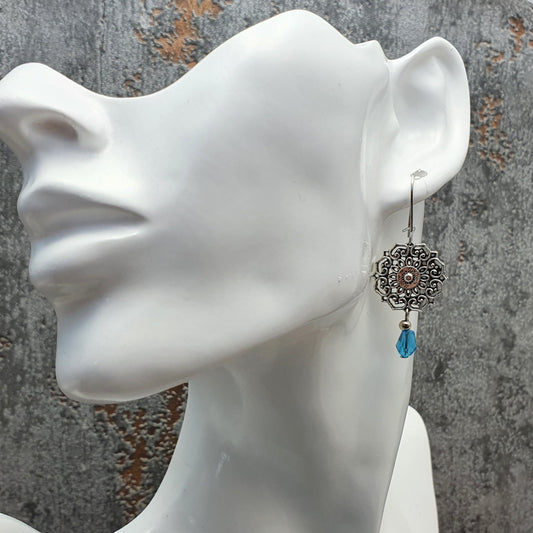Ohrhänger, Mandala, Blauer Glastropfen, Silberfarbig