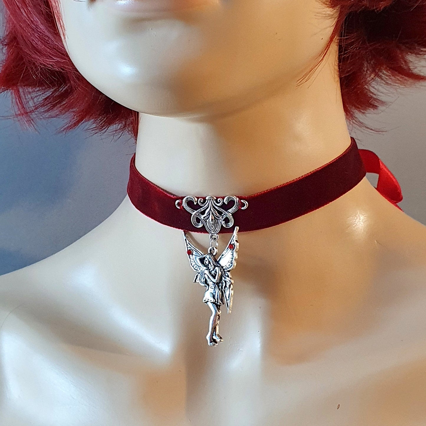 Halsband, Samt, Dunkelrot mit Elfe & Zierteil, Unisize