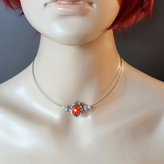 Halsreif, Choker mit indischer Glasperle, Orange Blume, Strass
