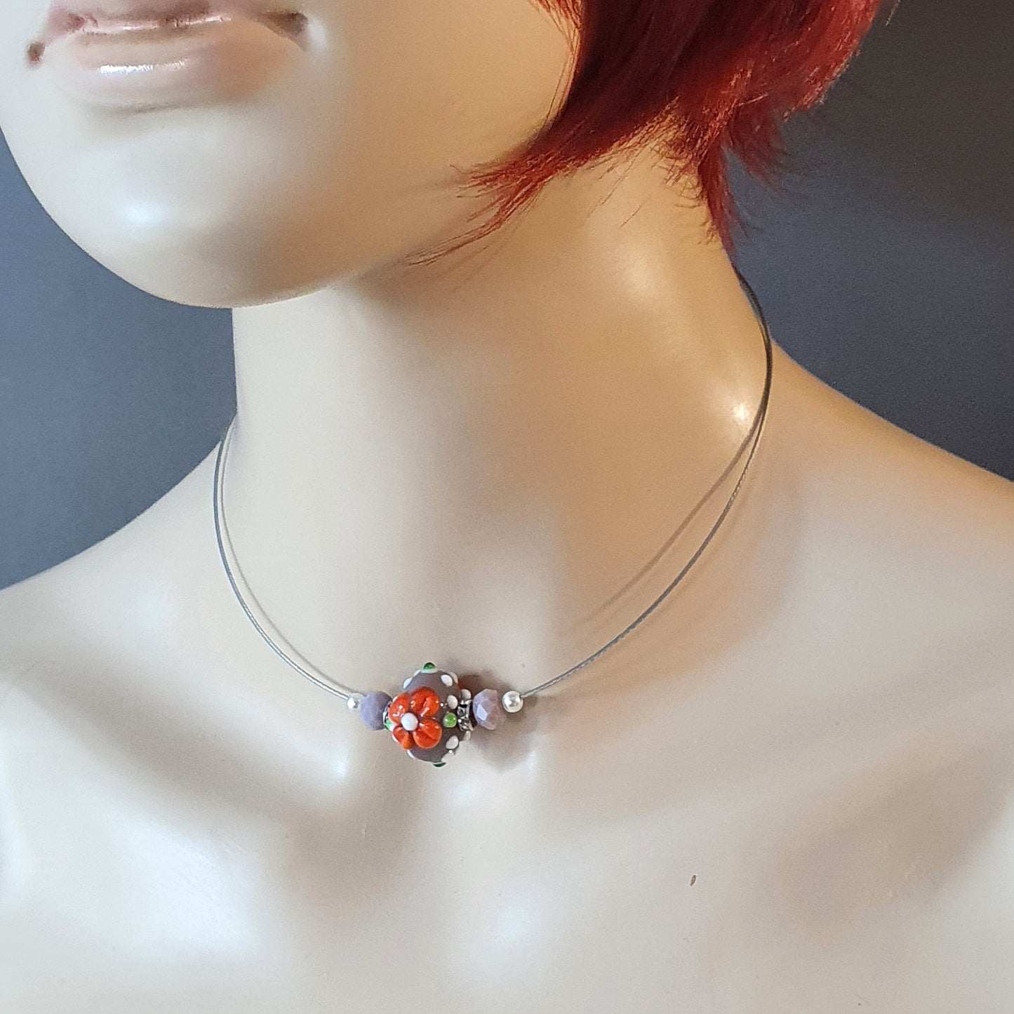 Halsreif, Choker mit indischer Glasperle, Orange Blume, Strass