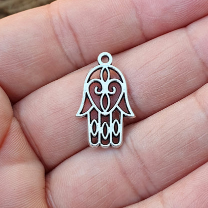 3 filigrane Anhänger die Hand Fatimas oder Hamsa Hand in antik silberfarbig, 21mm