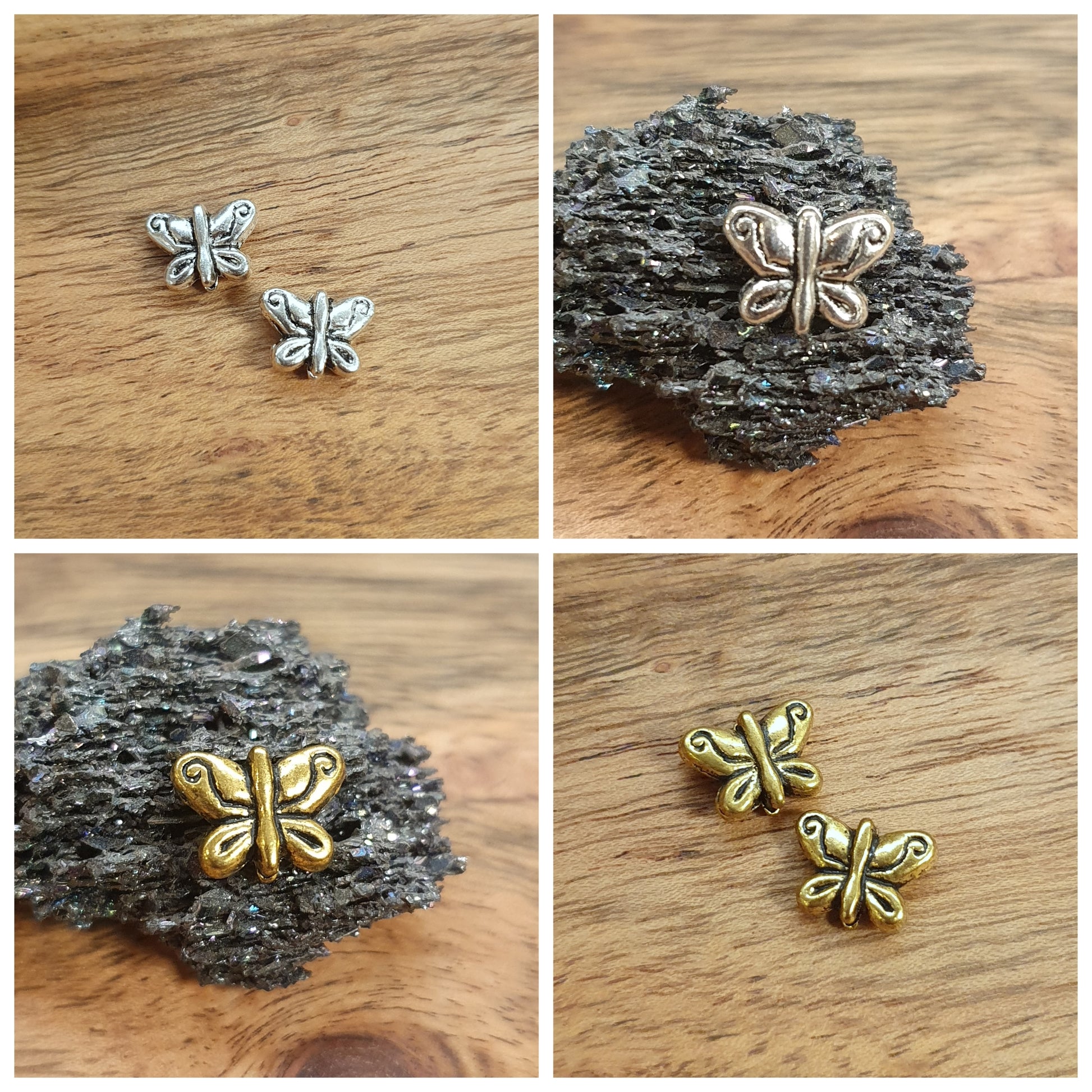 2 Metallperlen Schmetterling, antik silber- oder goldfarbig, 9mm