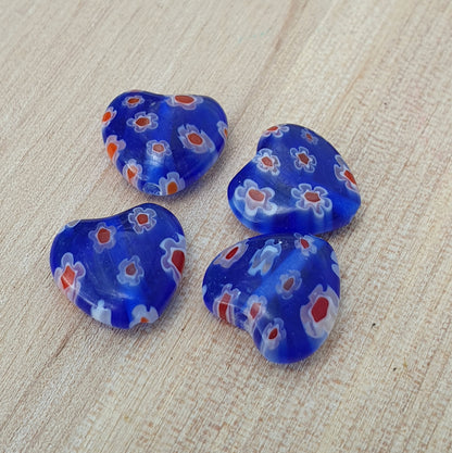 4 Glasperlen Millefiori, Herz, 12mm, Dunkelblau