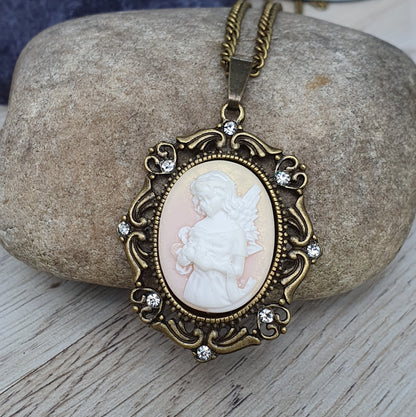 Anhänger Kette, Shabby, Cabochon Engel, antik bronzefarbig