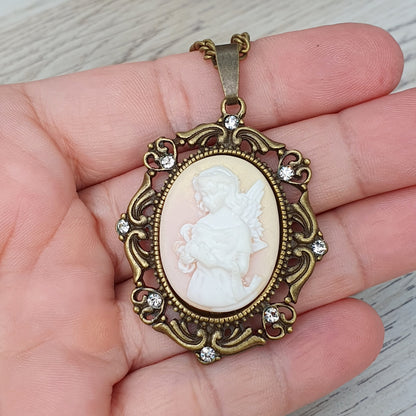 Anhänger Kette, Shabby, Cabochon Engel, antik bronzefarbig