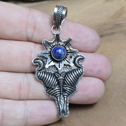 .925 Sterling Silber Anhänger, Luna Nachtfalter mit Sternblume und Cabochon aus Lapislazuli