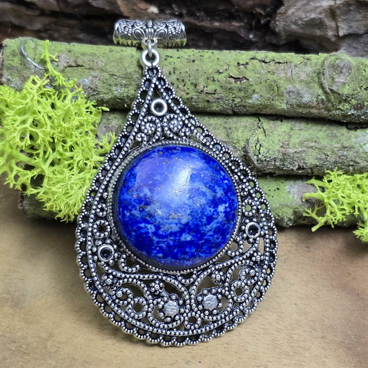 .925 Sterling Silber Anhänger, großer, filigraner Tropfen mit rundem Lapislazuli