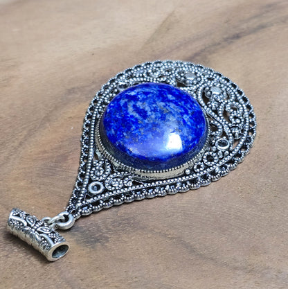 .925 Sterling Silber Anhänger, großer, filigraner Tropfen mit rundem Lapislazuli