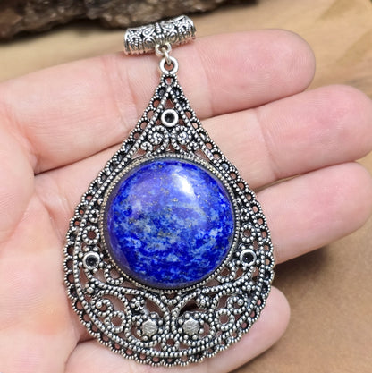 .925 Sterling Silber Anhänger, großer, filigraner Tropfen mit rundem Lapislazuli