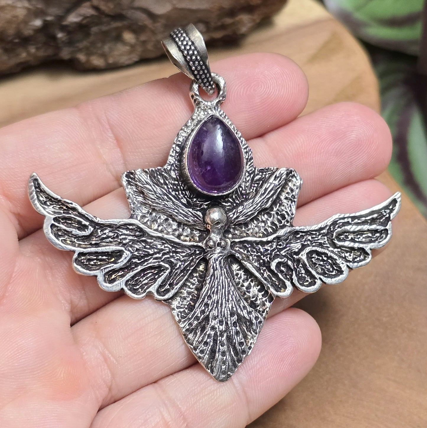 .925 Sterling Silber Anhänger, mystischer Engel mit Amethyst