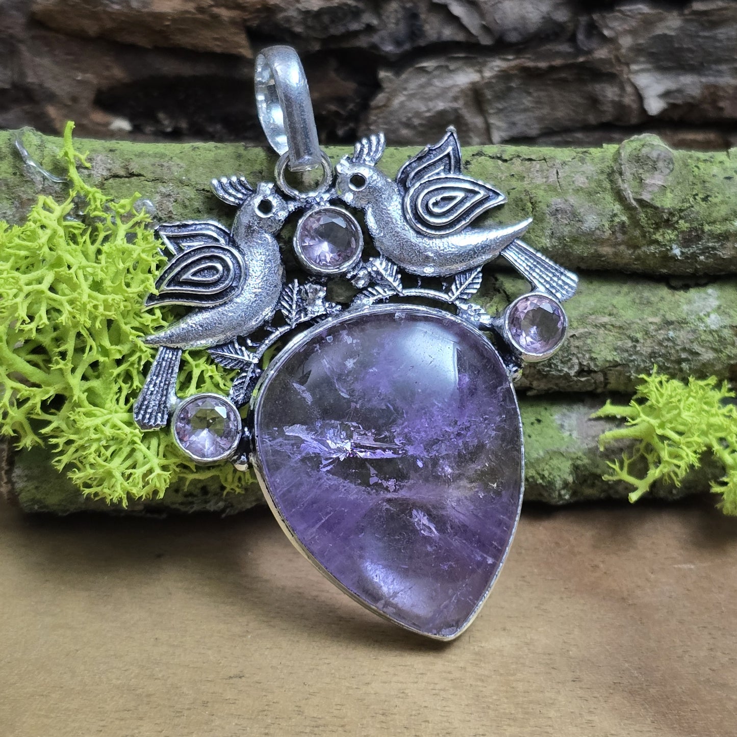 .925 Sterling Silber Anhänger, 2 Täubchen mit Amethyst und Kunzit