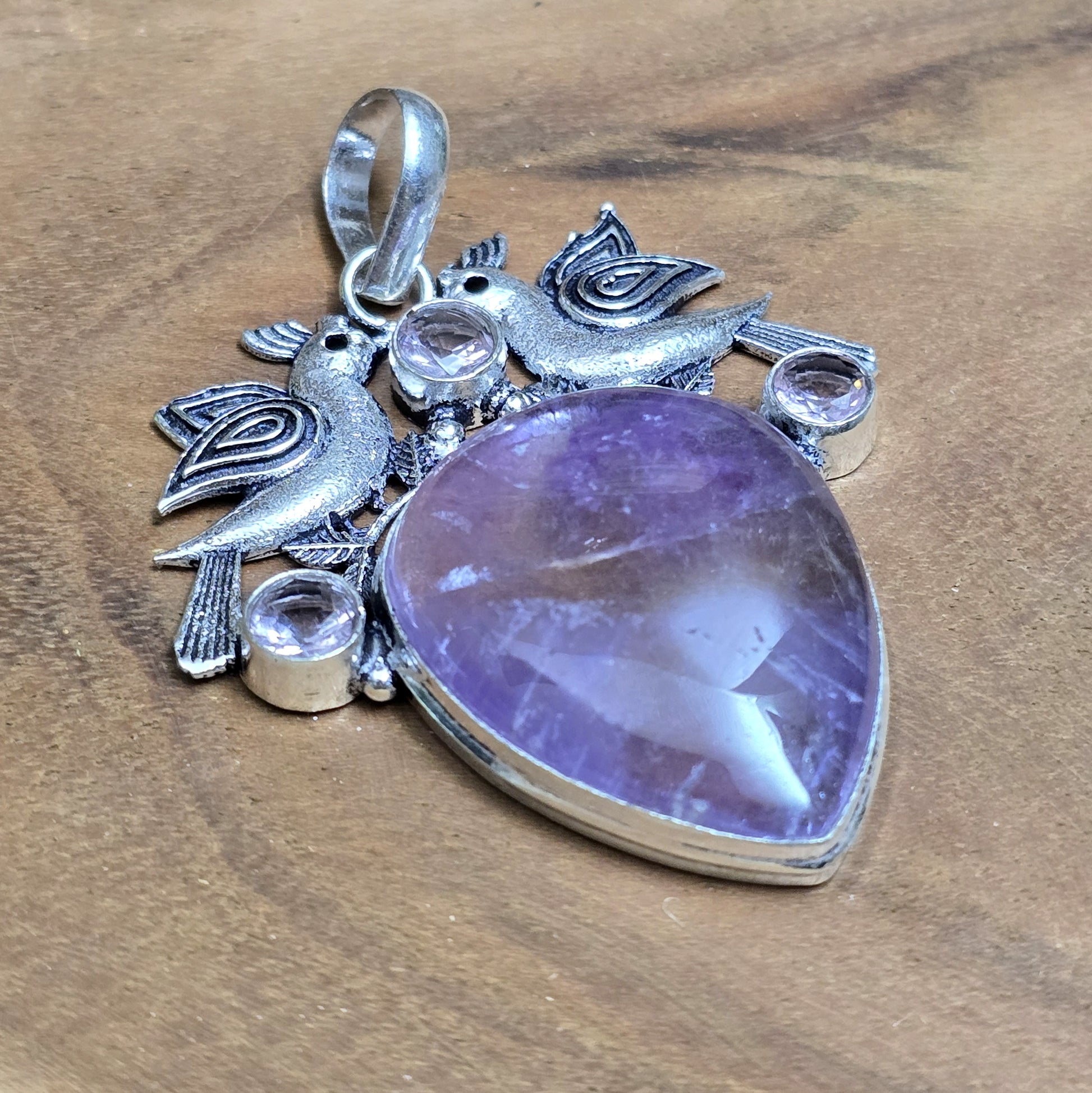 .925 Sterling Silber Anhänger, 2 Täubchen mit Amethyst und Kunzit